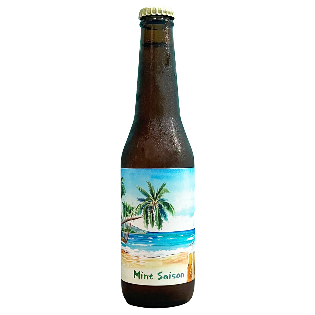 海とヤシの木のラベルのクラフトビール ミントセゾン